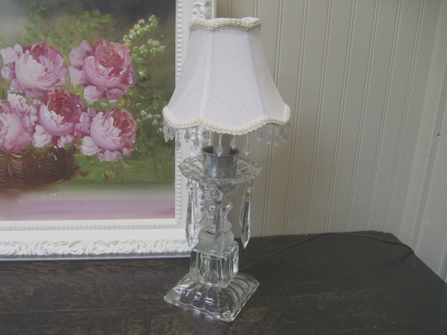 Vintage Glass Accent Lamp Hanging Crystals Beaded Shade