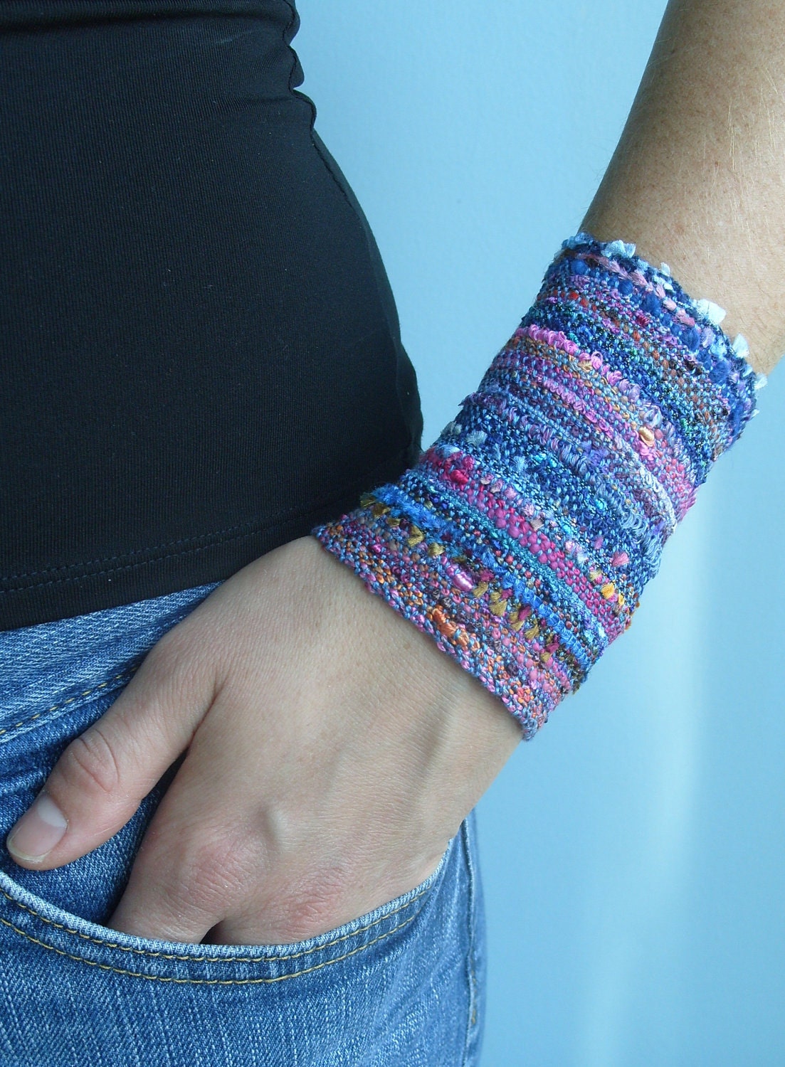 Handwoven Fabric Cuff Bracelet Ripe Berries