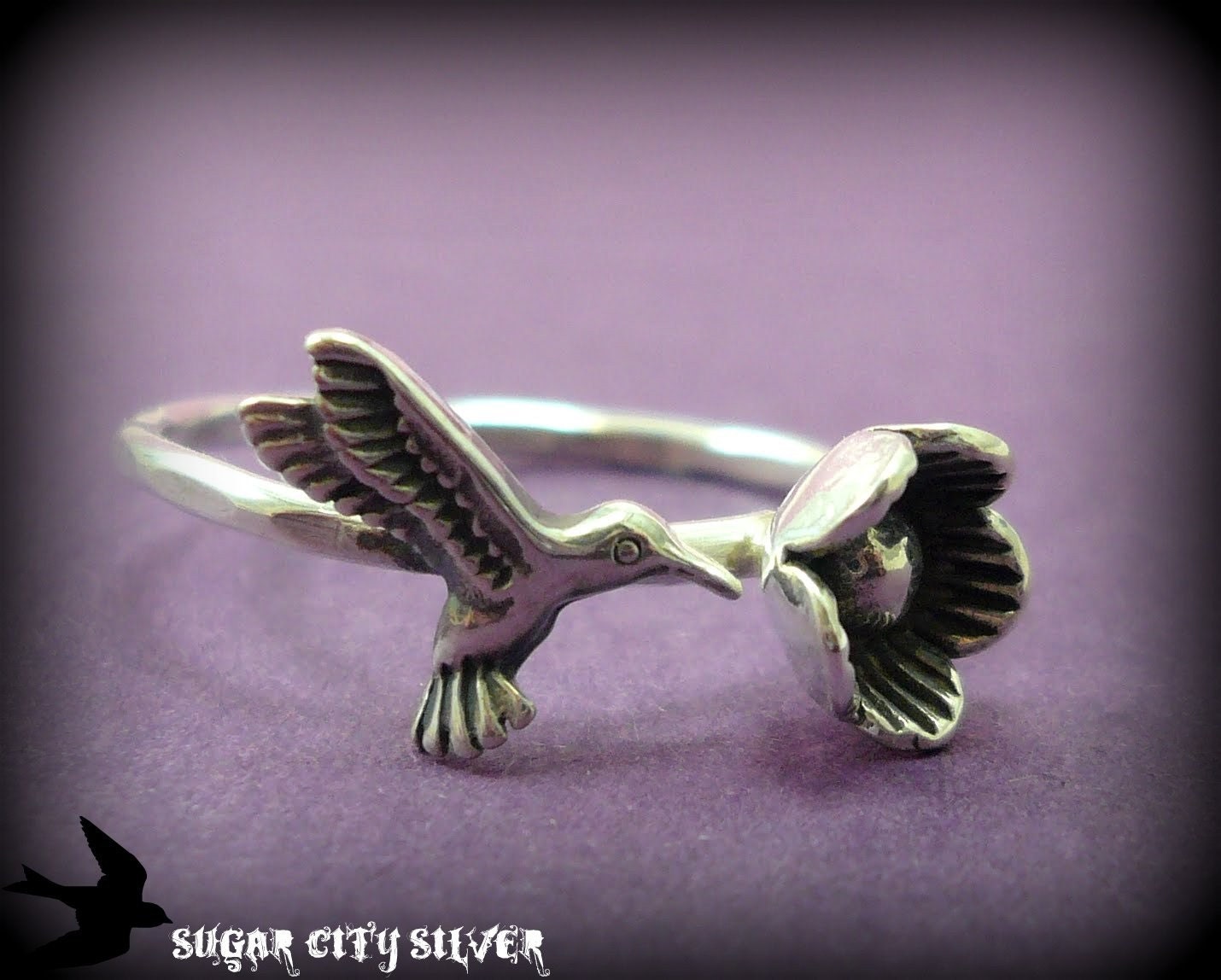 Sterling Silver Hummingbird and Flower Ring