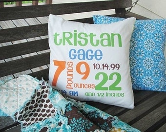 Baby Birth Stat Pillow and Sham, ALL NATURAL, fresh modern handmade children