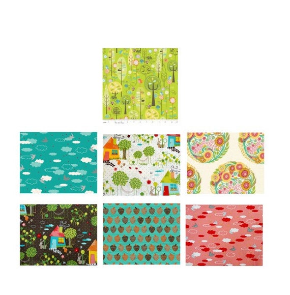 Twin Size Rag Quilt, Happy Woods, acorns trees houses moose squirrels, Girl, ALL NATURAL, fresh modern handmade bedding