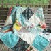 Picnic Quilt Throw, Rag, Its a Hoot, aqua brown, ALL NATURAL, fresh modern handmade
