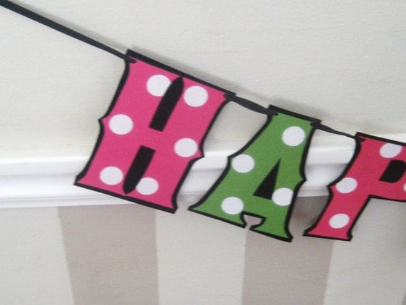 HAPPY BIRTHDAY Banner - hot pink and green with polka dots Il_570xn