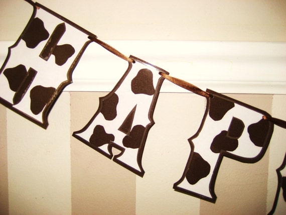 HAPPY BIRTHDAY banner - brown/white COW PRiNT Il_570xn