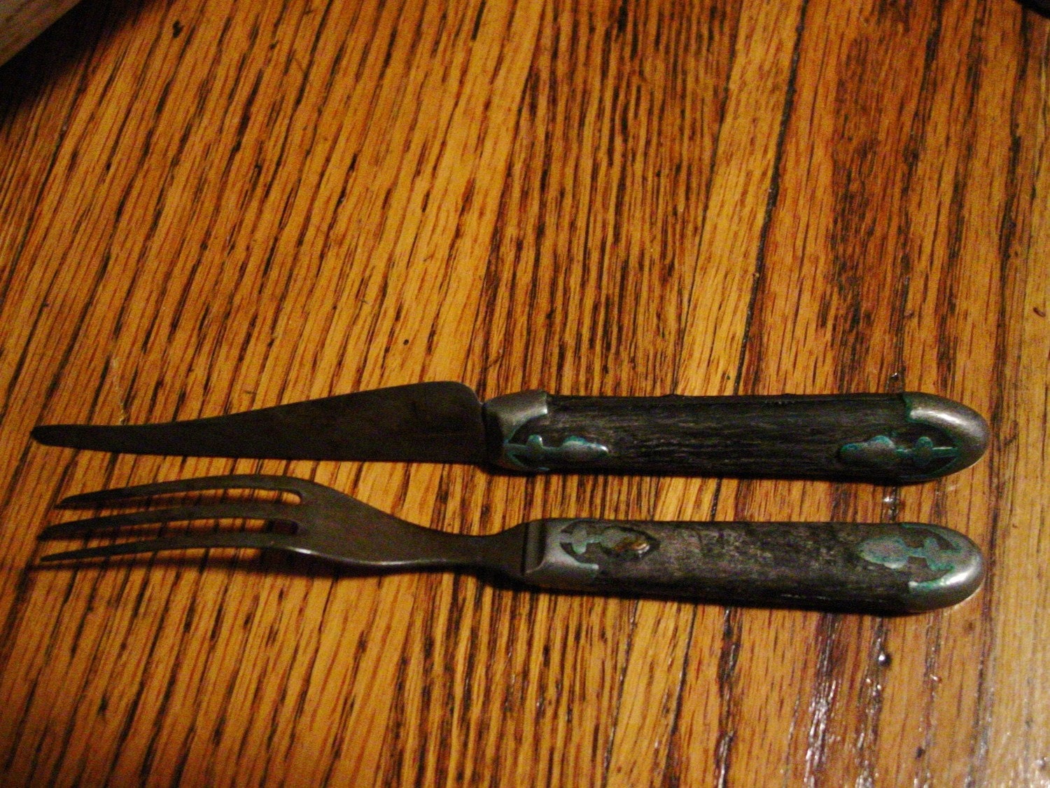 ANTIQUE EARLY 3 TINE FORK KNIFE PEWTER AND WOOD HANDLES