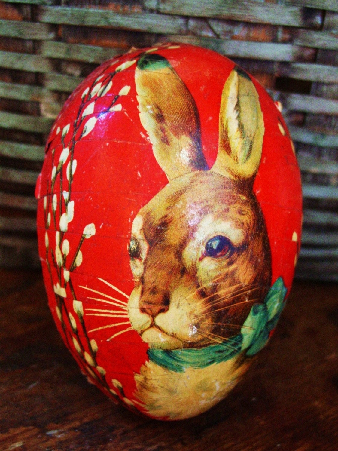 Antique Paper Mache Easter Egg Germany Bunny Rabbit Candy