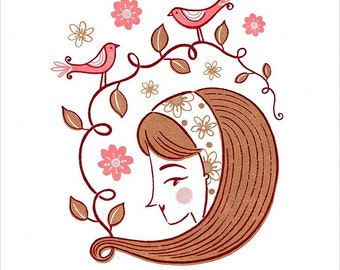 Spring Flowers Hairdo Birds Woman Girl Pretty Pink Limited Edition Gocco Screenprint