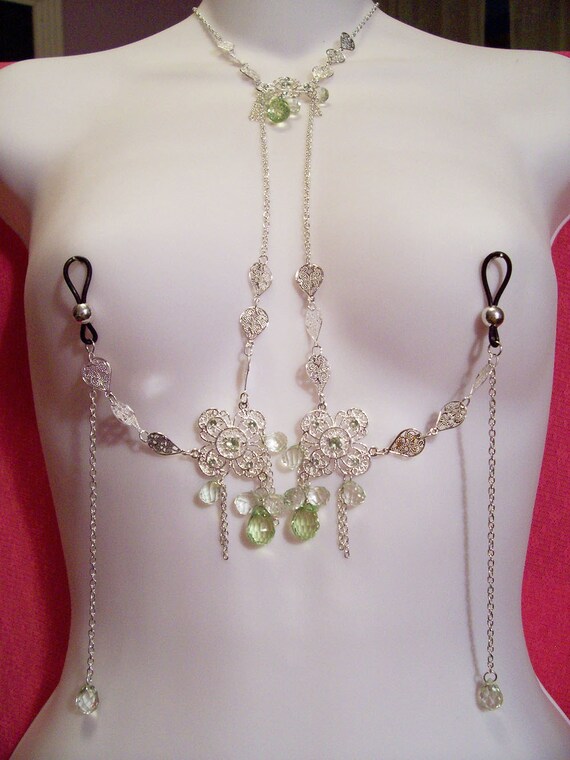 Non-Piercing Choker/Nipple Chain Body Jewelry Set Green