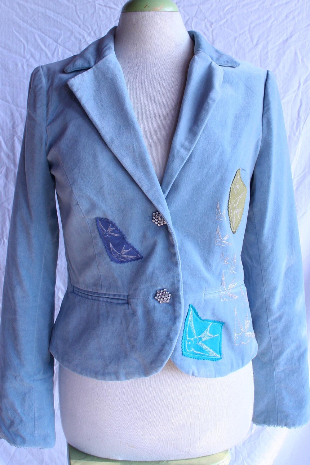 light blue velvet womens jacket with screenprinted and