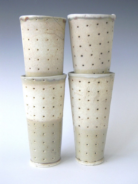 Hand Built Cups Set Of Four Polka Dot Pattern by lbcooperCeramics