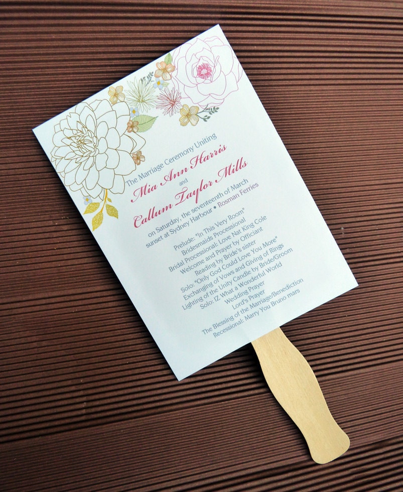 Shabby Chic Peonies Hydrangea Dahlia Fan Wedding Program