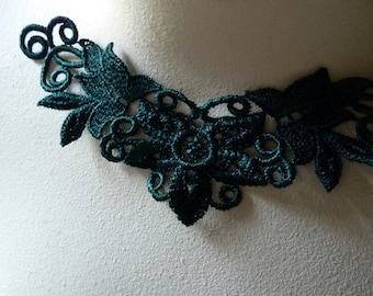 3 Lace Appliques in Hunter Green Venice Lace for Statement Necklaces, Jewelry Supply, Altered Couture, Costume Design CA 103