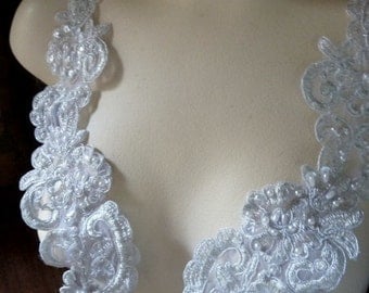 SILVER Beaded Applique Pair Lace for Lyrical Dance, Bridal, Sashes, Headbands, Costume Design PR 36s