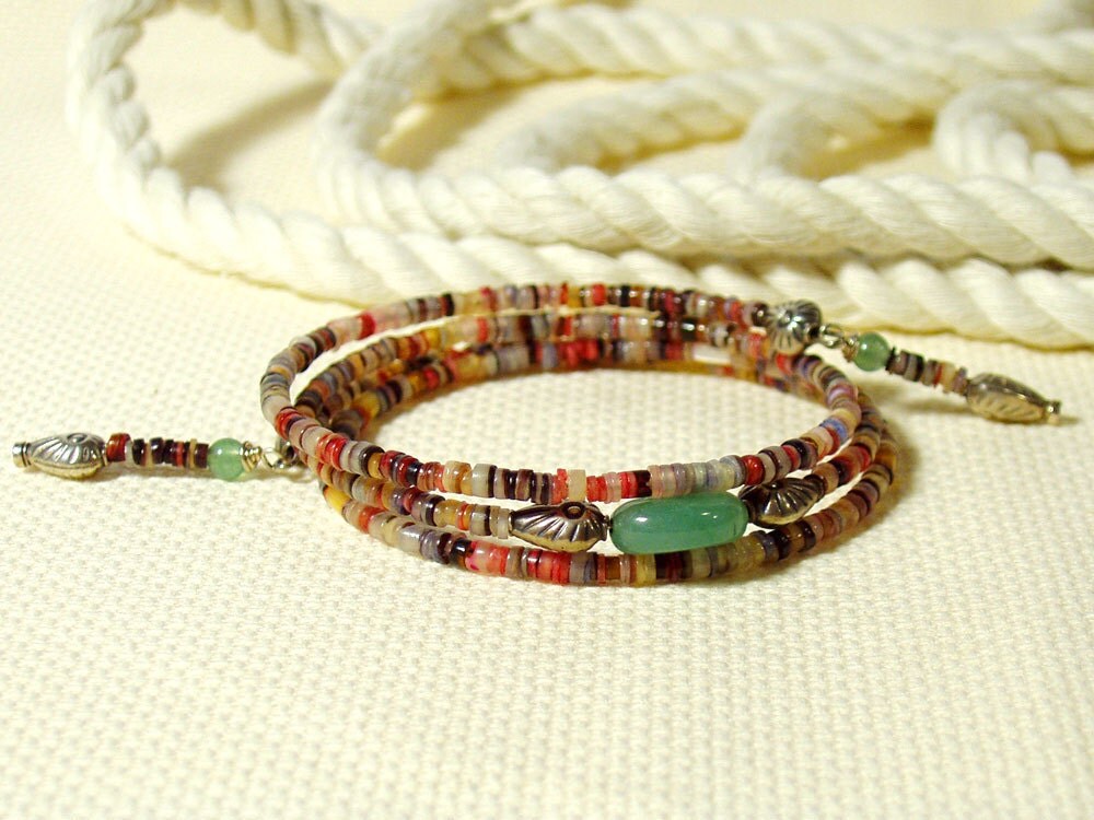 Egyptian Bracelet Pink and Green Memory Wire Bracelet Shell