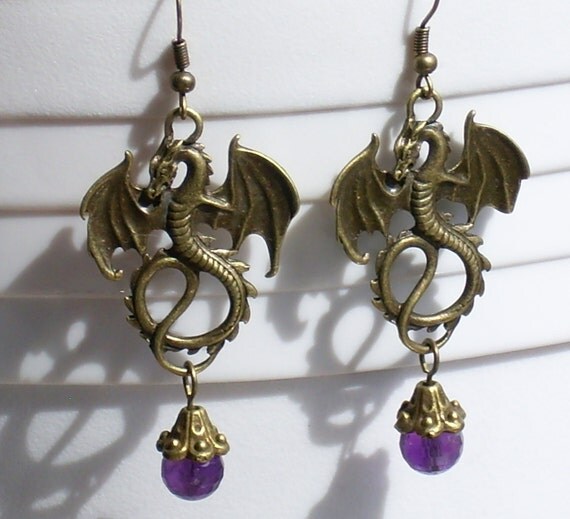 Dragon Amethyst Bronze Flying Dragon Earrings