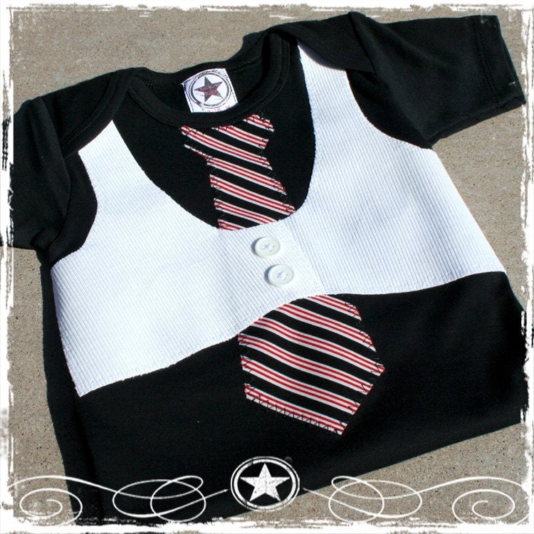 White Corduroy Vest Red and Black Striped Tie Black by RocknRags