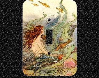 Light Switch Plate Cover- Vintage Mermaid with Fish Illustration