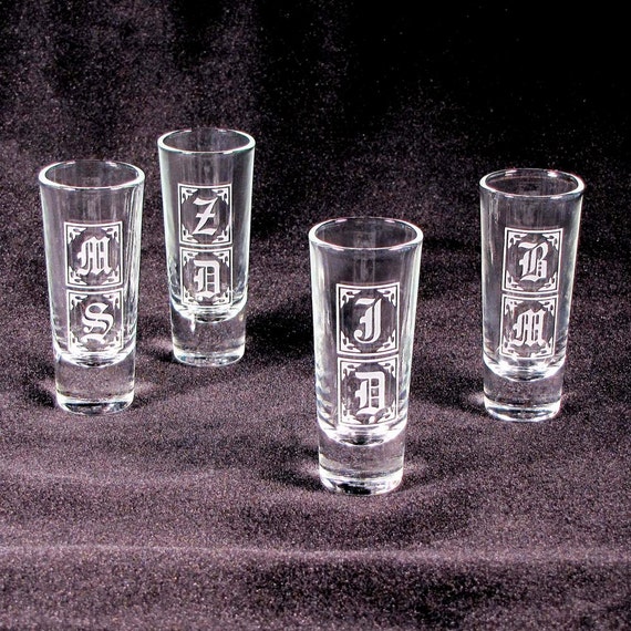 5 Groomsmen Shot Glasses Monogrammed Wedding Shot by bradgoodell