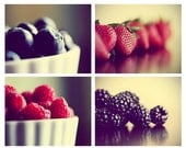 The Berry Patch - Set of 4 Fruit Photographs - Blueberry Strawberry Raspberry Blackberry - 8x10 - food foodie dark black tan kitchen decor