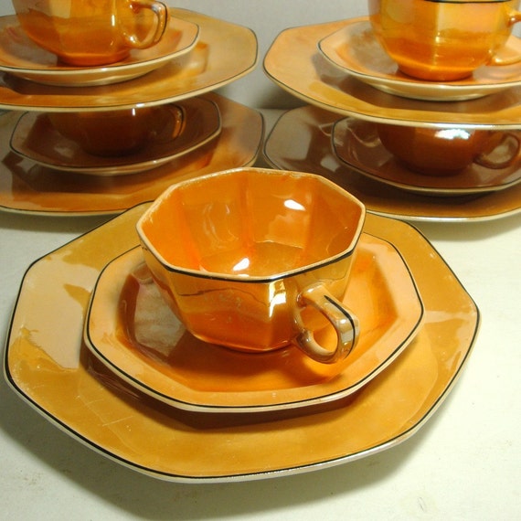 Vintage Orange Teacups Saucers Sandwich Plates Lusterware