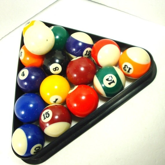 VINTAGE Pool Balls and Triangle Set Billiards Set Up..1980s