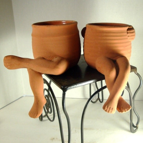 Vintage Pair of Clay Pots with legs Terra Cotta Planters