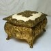 1950s Japan Flowered Metal Jewelry Box, Ornate Offwhite Enamel n Darkened Gold, Footed Hinged Metal Box, Feminine Shabby