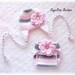 Newborn Baby Button Ear Flap Flower Hat & Diaper Cover Set Pink White and Grey Stripes