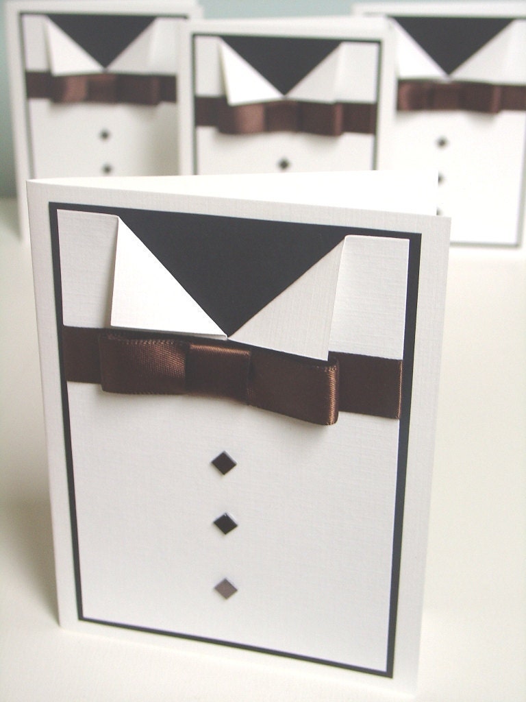 Tuxedo Card with handmade ribbon bow and embellishments for