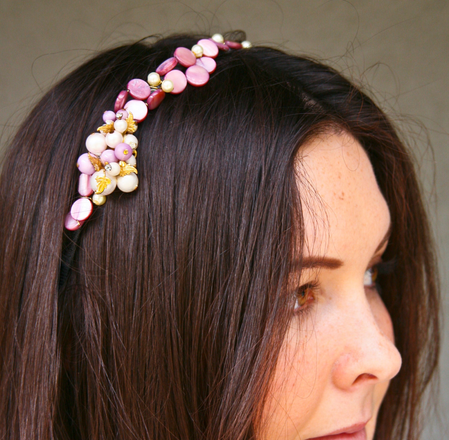 beaded headband for women with vintage accents in lavender