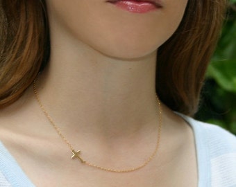 Sideways Cross Necklace , Handcrafted - 14kt GOLD FILLED Small Horizontal Cross