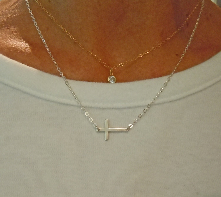 Miley Cyrus Sideways Tiny Cross Necklace In Sterling By Luluka