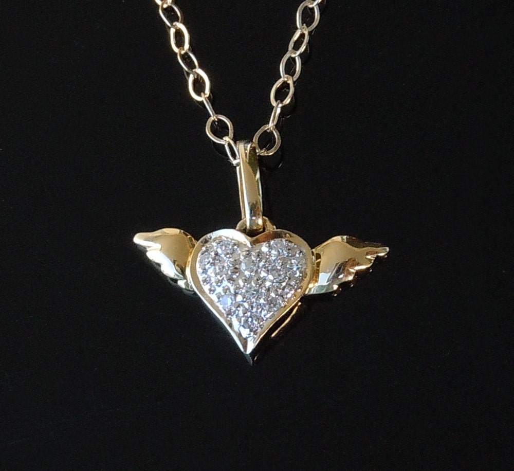 Mini Angel Wing Heart Necklace In 14kt Solid Gold And Diamonds 1778