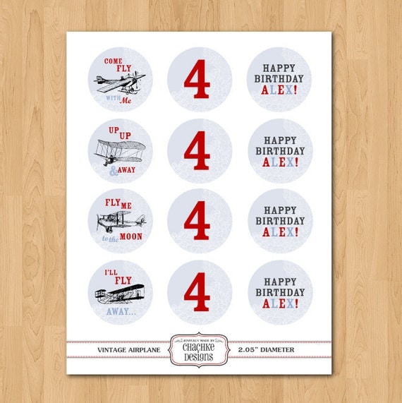 airplane toppers toppers Vintage cupcake  vintage Airplane ROUND  cupcake IN personalized for Printable 2