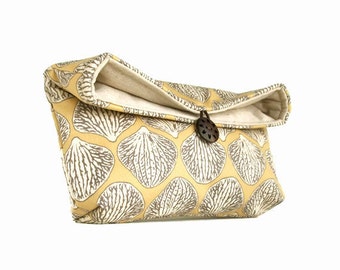 Handmade Makeup Bag, Beige Tan - Gray - Ivory Orchid Petal Clutch Purse, Bridesmaid Gfit, Great for Travel, Gift Under 25, Shell, Seashell