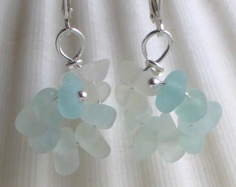Natural Sea Glass Sterling Silver Lever Back Earrings Soft Pastel Aqua Seafoam (349)