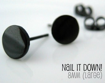 Men's earrings black stud, jet black stud earrings, earrings for men, fake plug, fake gauge, black steel studs, nail it down size L, 420L