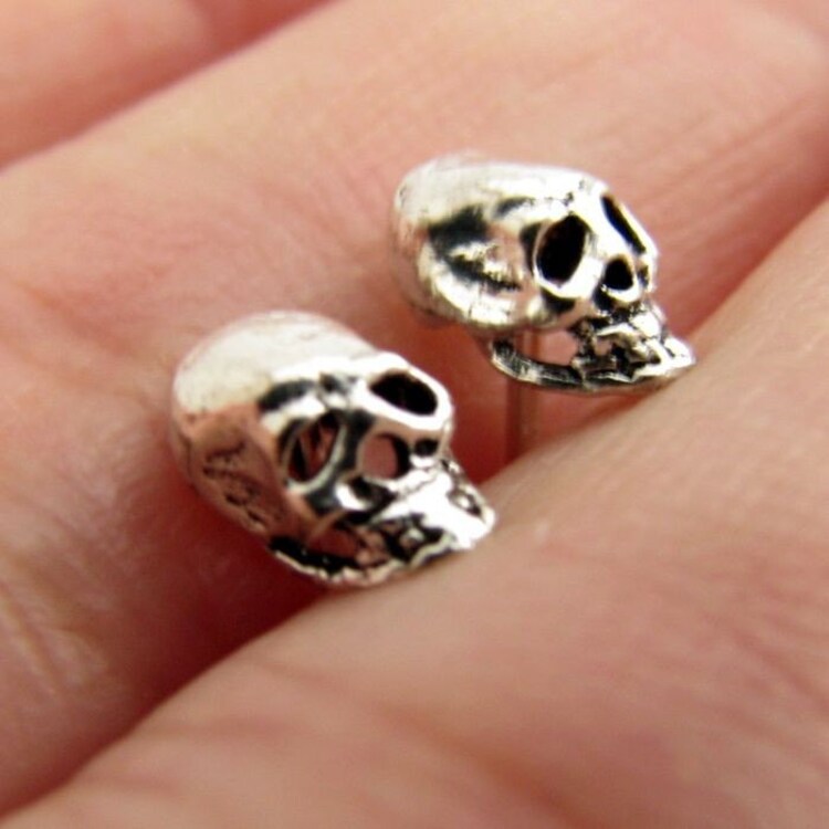 Men's Silver Stud Earrings Skull Earrings for Guys by 360Jewels