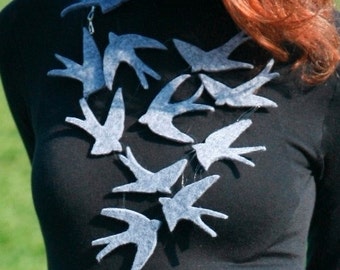 Swallows' flock Chic Statement Felt Wearable Art necklace