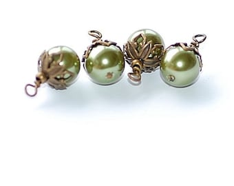 Free Ship Vintage Olive Green Glass Pearl Charms