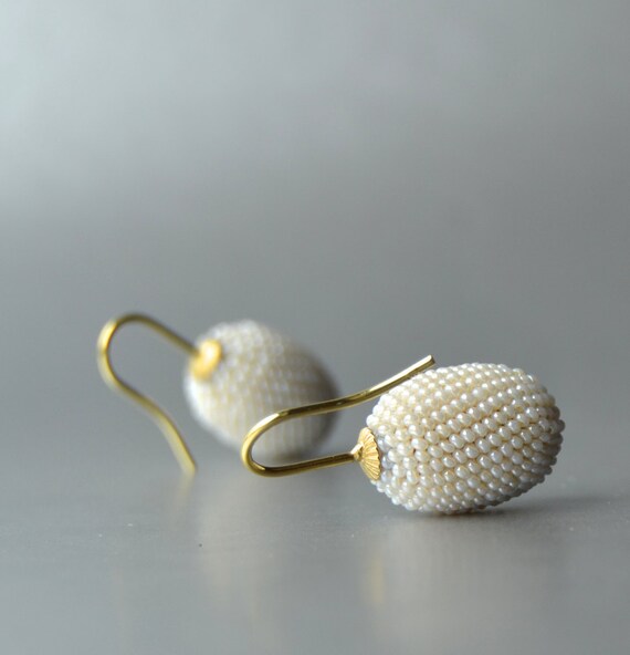 Items similar to pearly earrings bead crochet wedding present gold on Etsy