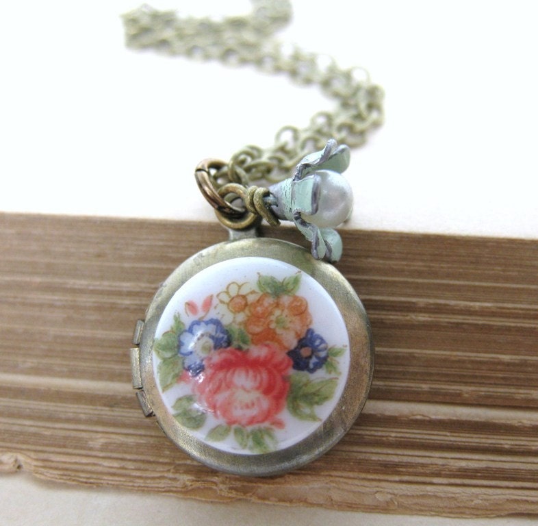 Vintage Locket Flower Necklace Pearl Charm Antiqued Brass