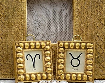 Two Zodiac Tiny Gold Frames Aries and Taurus or Choice of Other Signs