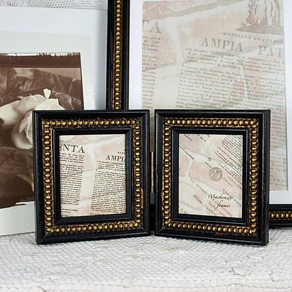 Tiny Hinged Double Photo Frame in Black & Gold Boules ...