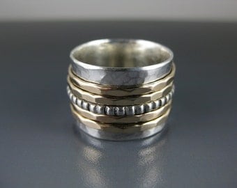 silver spinner ring with five spinners, spinner ring, meditation ring, fidget ring, mixed metal ring, eco-friendly ring