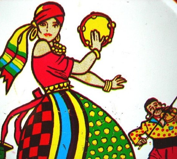 Vintage Gypsy Litho Tin Toy Tambourine