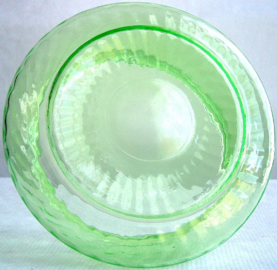 Antique Green Vaseline Depression Glass Candy Dish With Lid
