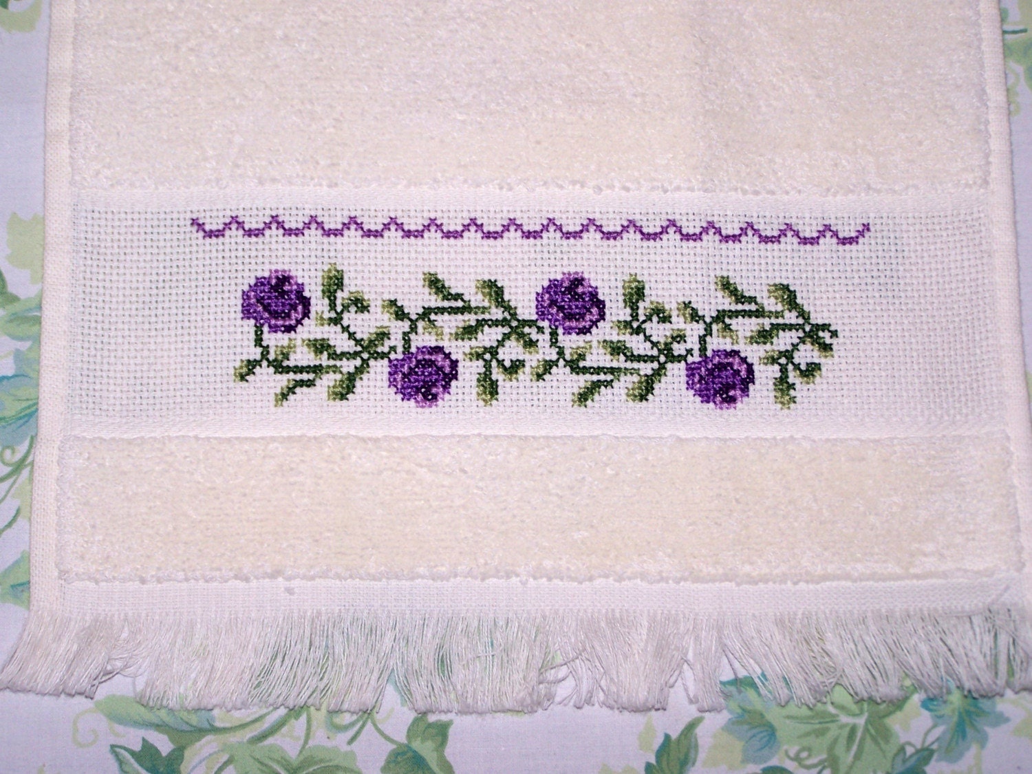 Cross Stitch Velour Towel Shabby Chic Roses Border