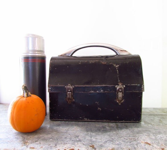 Vintage Lunch Box Black Metal Dome Style
