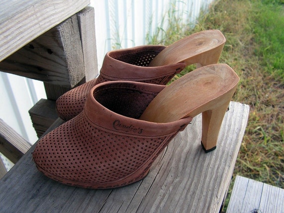 Items Similar To Sale Vintage Candies Wooden Heels Pumps Clogs Perforated Leather Mules In Taupe 